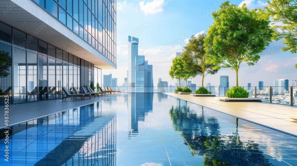 Poster a pool with a city skyline in the background