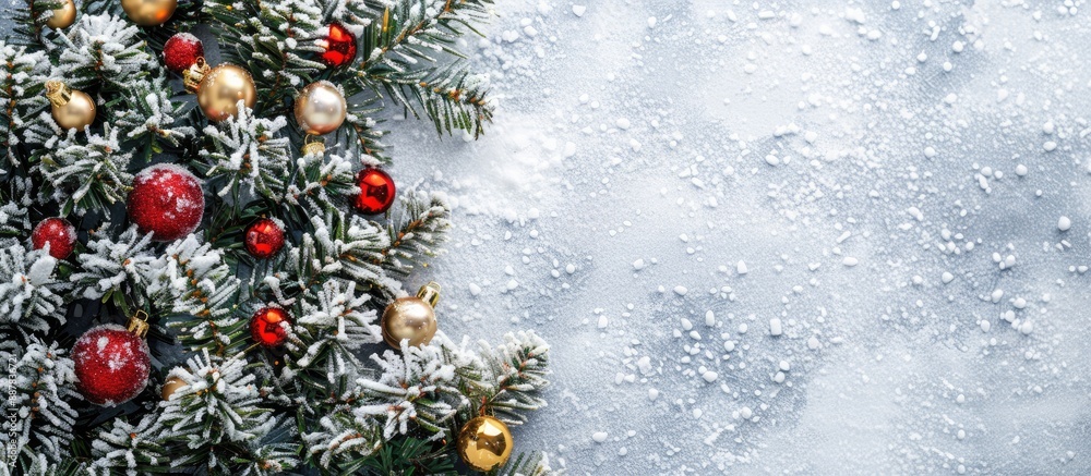 Aufkleber snow covered christmas evergreen tree adorned with golden and red balls creating a festive flat lay 