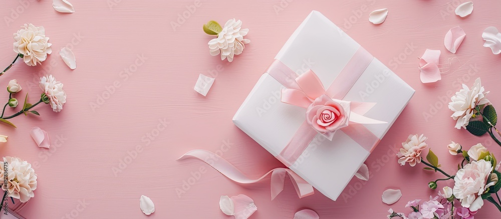 Aufkleber valentine s day theme with a romantic touch flat lay with a peach colored and white gift box on a pi