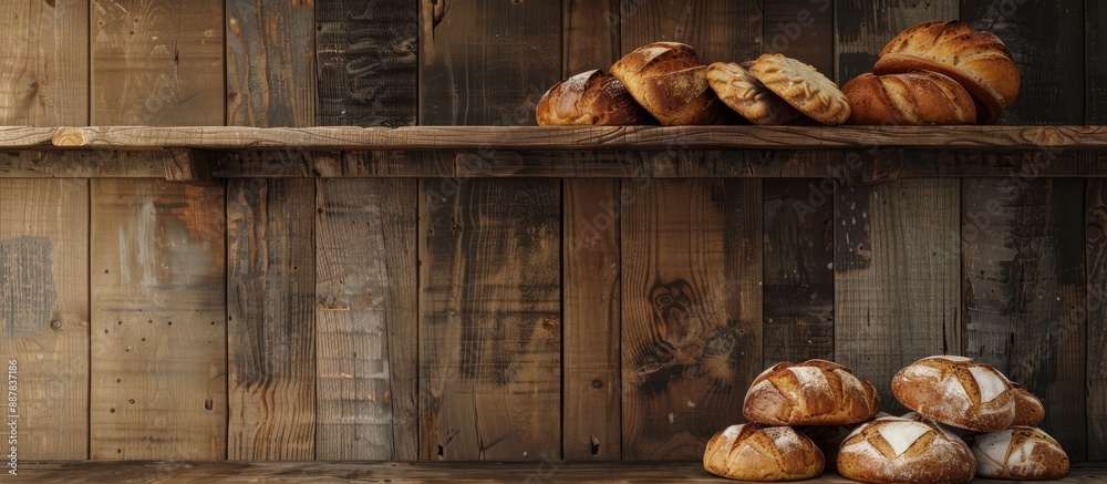 Leinwandbilder Traditional bakery concept with fresh tasty bread displayed on a wooden shelf emphasizing a healthy food option with a rustic charm and copy space image