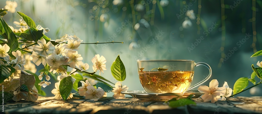 Fototapete A cup of fragrant jasmine tea accompanied by jasmine flowers in a serene setting for a peaceful and aromatic experience. with copy space image. Place for adding text or design