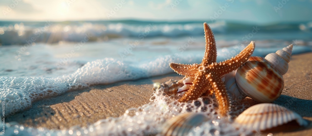 Poster summer vacation scene with starfish shells and a picturesque shore in a beach setting with copy spac