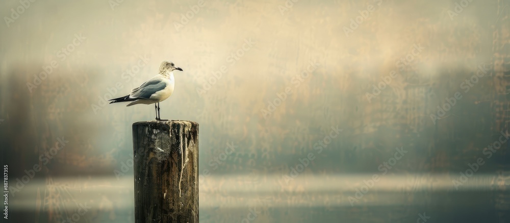 Poster a winter feathered seagull perched on an aged pole by a lake with a serene bird against a blurred wa