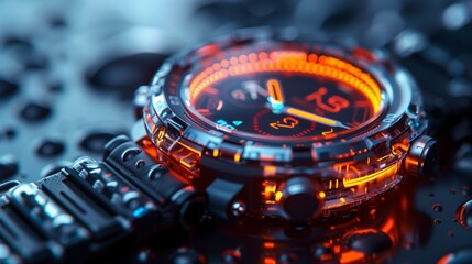 A close-up image of a futuristic wearable biosensor, revealing intricate details of the devices design.