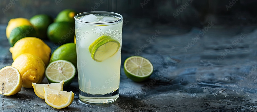 Poster a refreshing glass of homemade lemonade with lemons and limes on the side set against a background w