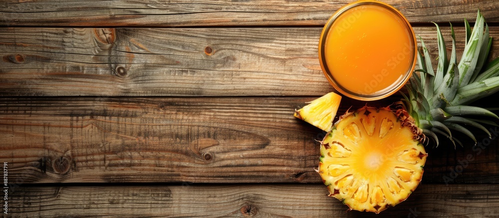 Leinwandbilder copy space image of pineapple juice on a wooden table with a halved fruit placed upside down in a fr