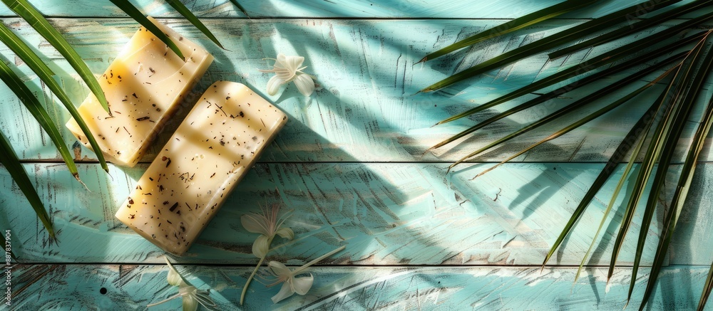 Poster Handmade soap bars on a rustic wooden surface with soft shadows cast by palm leaves creating a serene setting for featuring spa products with ample copy space image