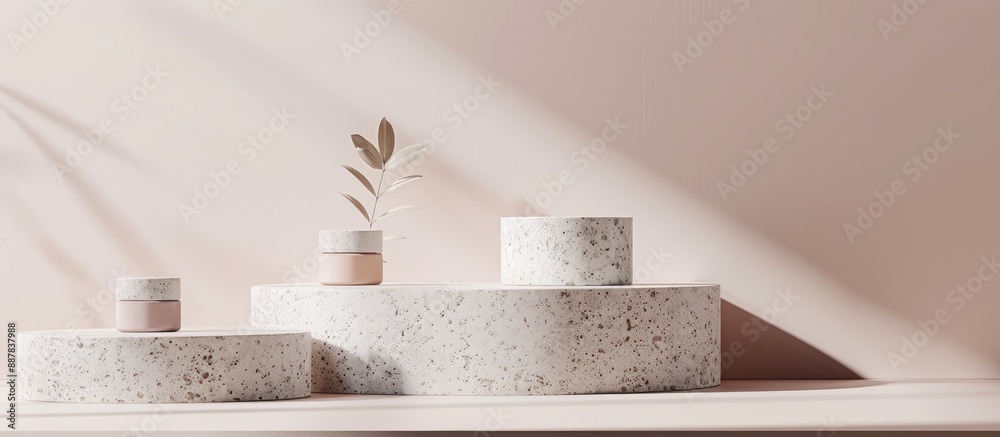Poster Minimal mockup featuring three stone podiums for displaying cosmetic products with ample copy space in the image