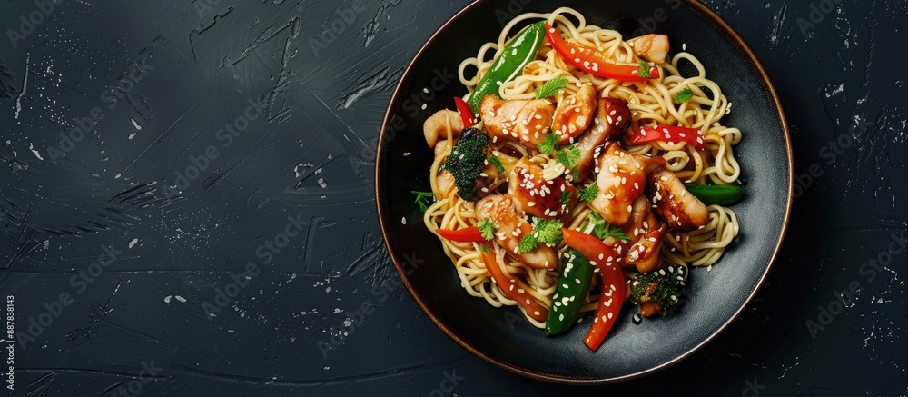 Poster plate with noodles chicken vegetables and sesame seeds against a black backdrop with copy space imag