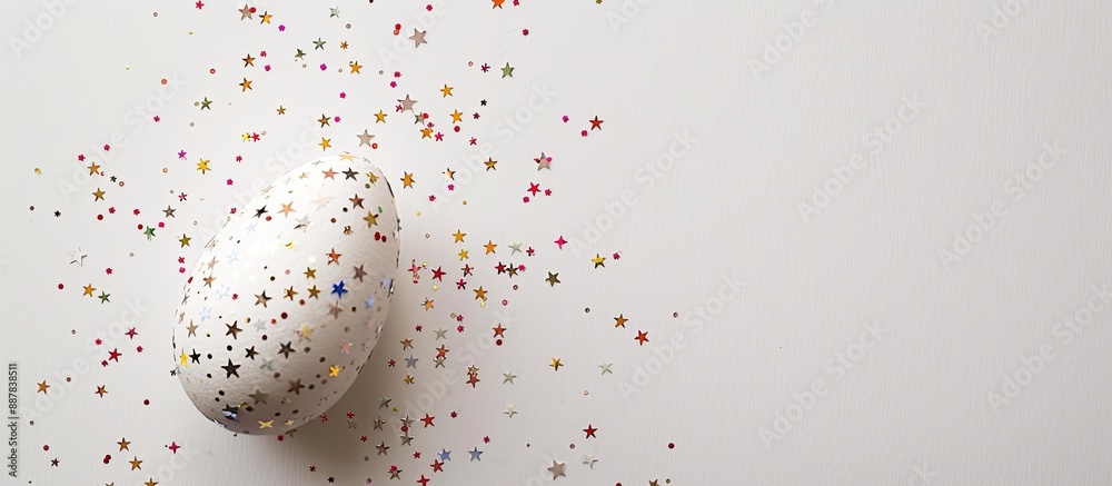 Poster White Easter egg adorned with glittering stars set against a white backdrop creating a minimalistic Easter theme for a greeting card featuring ample copy space Top down view in flat lay style