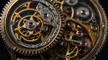 Obraz premium Concept image of an intricate wristwatch with gears and dials indicating different eras and historical periods with copy space