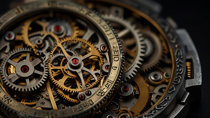 Obraz premium Concept image of an intricate wristwatch with gears and dials indicating different eras and historical periods with copy space