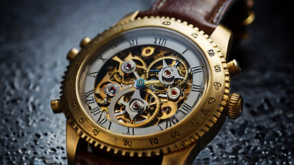 Obraz premium Concept image of an intricate wristwatch with gears and dials indicating different eras and historical periods with copy space