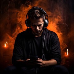 Young stressed man in headphones listening music, dark smoke background