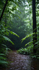 Gentle rainfall in a lush forest