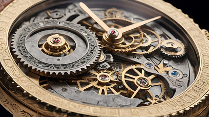 Fototapeta premium Concept image of an intricate wristwatch with gears and dials indicating different eras and historical periods with copy space