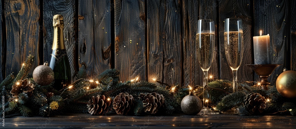 Poster rustic style christmas and new year setup on a dark wooden backdrop featuring festive spruce branche