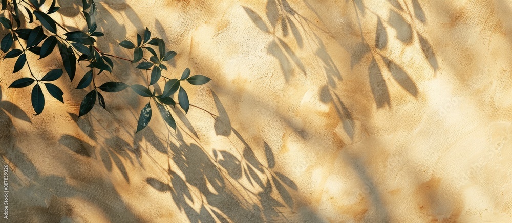 Poster diagonal shadows of tree leaves create an abstract nature themed background on a beige wall texture 