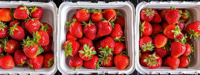 Strawberries in boxes on the store counter. Selective focus.