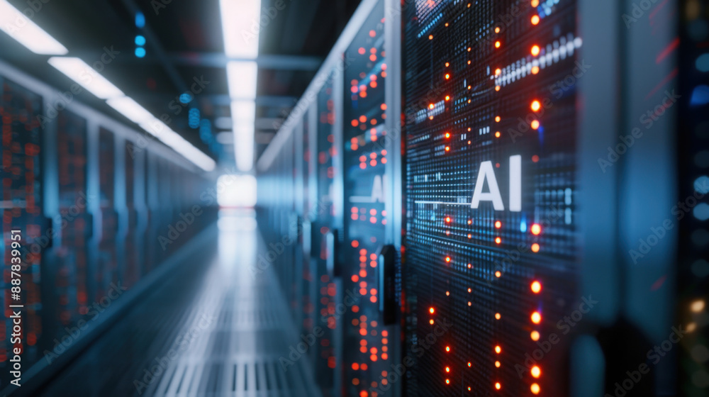 Poster server room is processing data for artificial intelligence, with glowing lights and complex circuitr