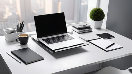 Fototapeta premium A sleek, minimalist office desk with a laptop, a cup of coffee, and some neatly arranged stationery, set against a contemporary office backdrop