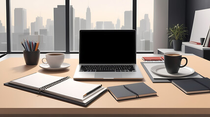 Fototapeta premium A sleek, minimalist office desk with a laptop, a cup of coffee, and some neatly arranged stationery, set against a contemporary office backdrop