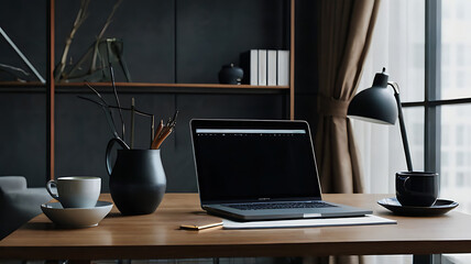 A sleek, minimalist office desk with a laptop, a cup of coffee, and some neatly arranged stationery, set against a contemporary office backdrop