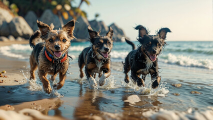 Naklejka premium Happy lively small dogs enjoying a beach run