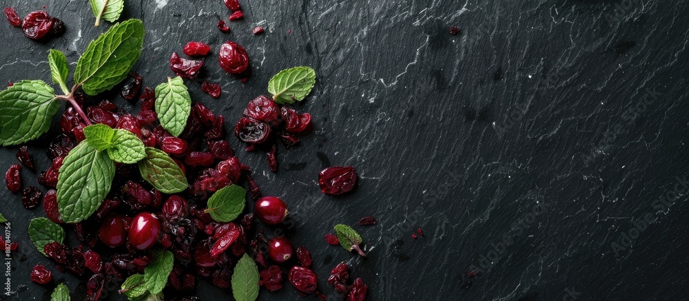 Aufkleber organic red dried cranberry and fresh mint leaves arranged on a black background in a top view shot 