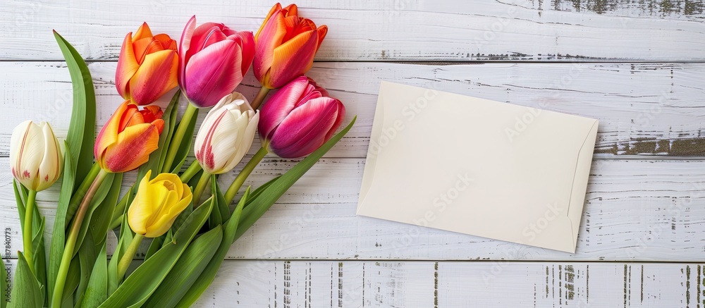 Poster Top down view of a vibrant tulip arrangement next to a empty card on a clean white wooden surface ideal for a copy space image