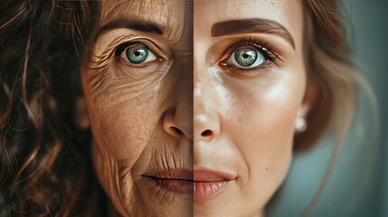 Woman half photo old and young. Selective focus.