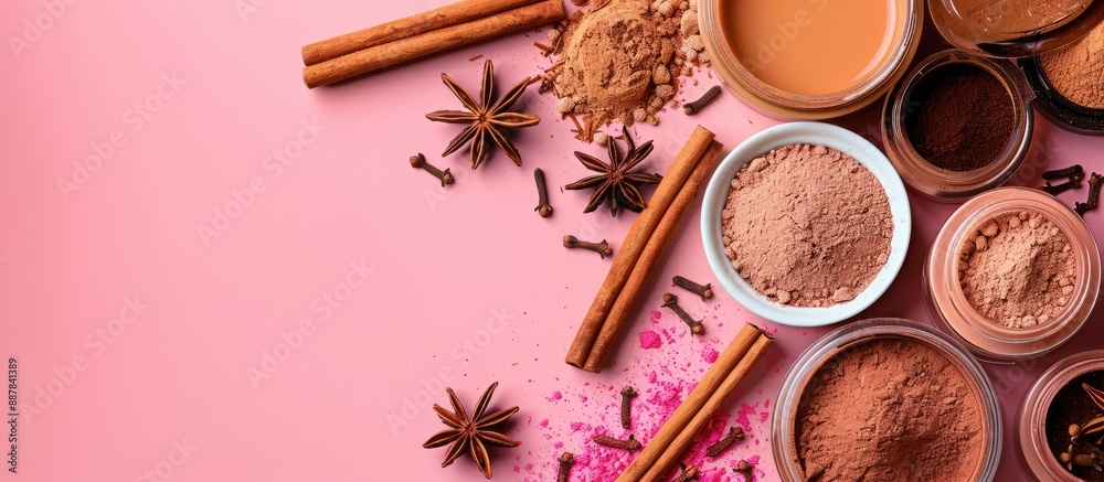 Poster Colorful background with cosmetic products cinnamon sticks powder and anise stars creating a visually appealing copy space image
