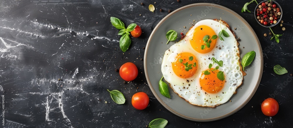 Aufkleber Copy space image featuring fried eggs on a plate set against a dark background enhancing the appeal of the hot and appetizing dish