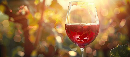Sunlight filters through a glass of red wine creating a glinting copy space image ideal for text overlay