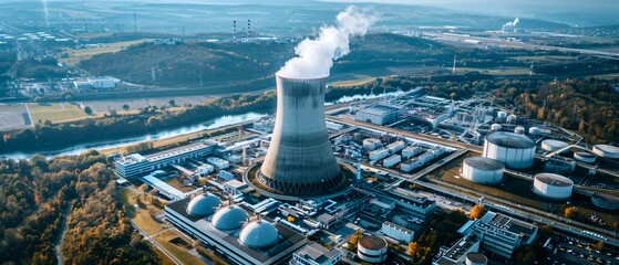 Aerial view of a nuclear power plant with a large cooling tower and a plume of steam rising into the air.