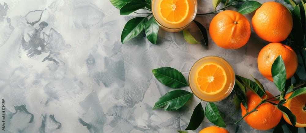 Wall mural Top view of tangerines with leaves in glasses of citrus fruit juice on a table with a grey background including copy space image