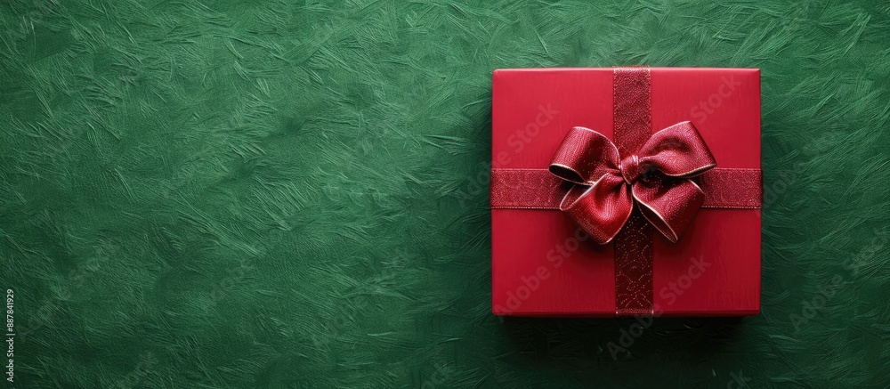 Leinwandbilder Appealing red gift box featuring a ribbon set against a lush green backdrop ideal for adding a message or design in the copy space image