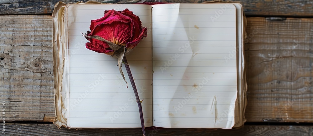 Aufkleber Flat lay composition featuring a dried red rose displayed on the pages of an open notebook with a copyspace image