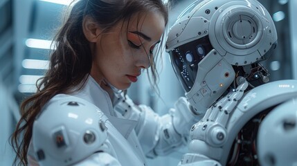 Fototapeta premium Female engineer working with a futuristic robot in a high-tech environment, showcasing advanced technology and innovation.