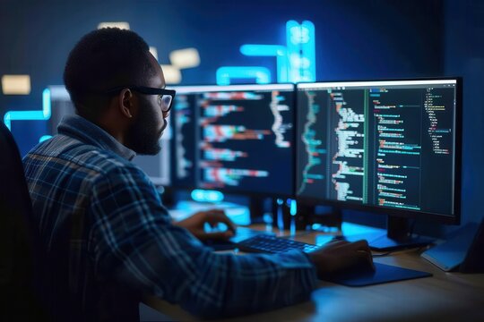 Developers collaborating on multiple screens, web development, teamwork in tech