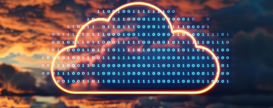 Cloud computing featuring binary code, related to web development.