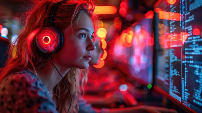 Focused female programmer with headphones coding on a computer in a vibrant tech environment, illuminated by red and blue lights.