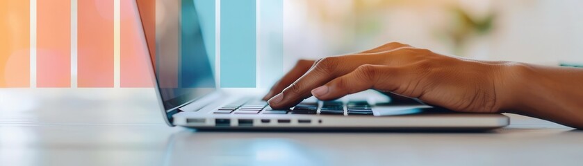 Fototapeta premium Hands typing on laptop with business analytics, management, modern workplace efficiency