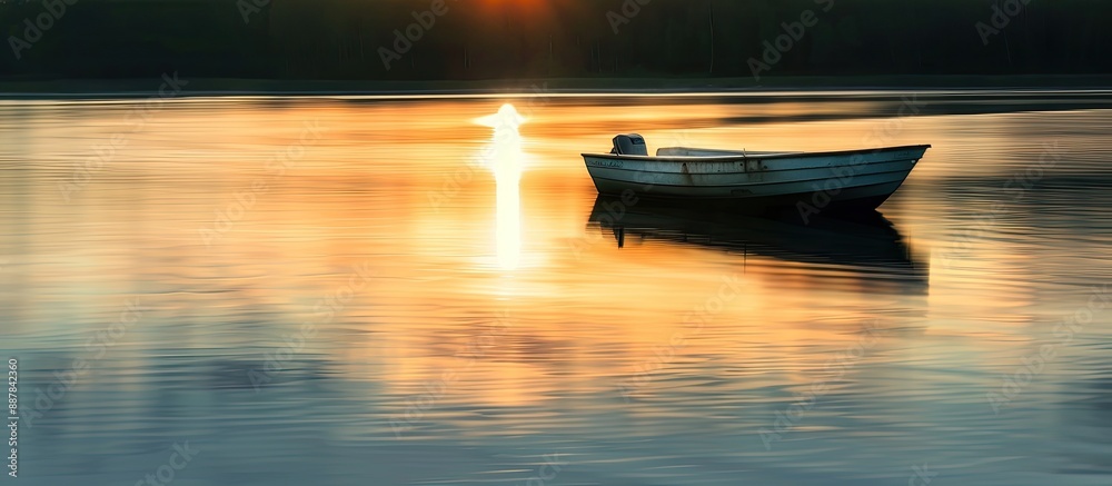 Poster A boat is seen on a sunset lit lake with a blurred effect and soft focus caused by a slow shutter speed in a photograph with copy space image