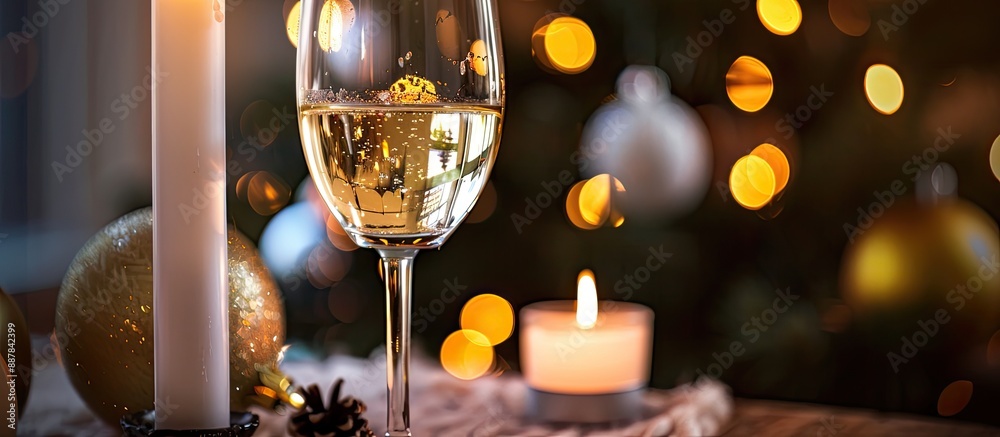 Poster A festive scene featuring a crystal wine glass with white wine a flickering candle and a Christmas tree in the background perfect for a copy space image