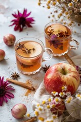 Apple cider with anise and cinnamon in a glass. Selective focus.