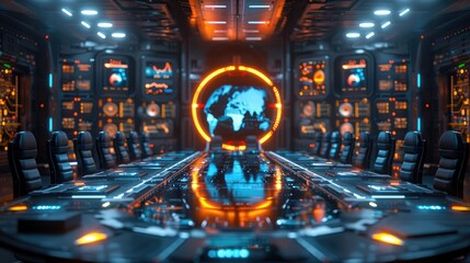 Futuristic control room with advanced technology, digital displays, and a glowing globe at the center of a high-tech conference table.