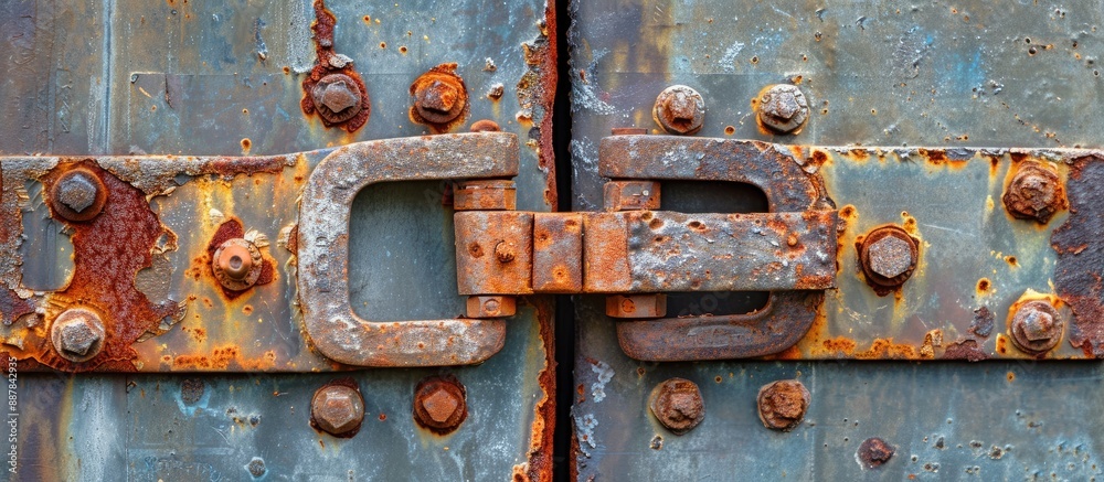 Poster Rusty hinges against a grey backdrop with room for a copy space image