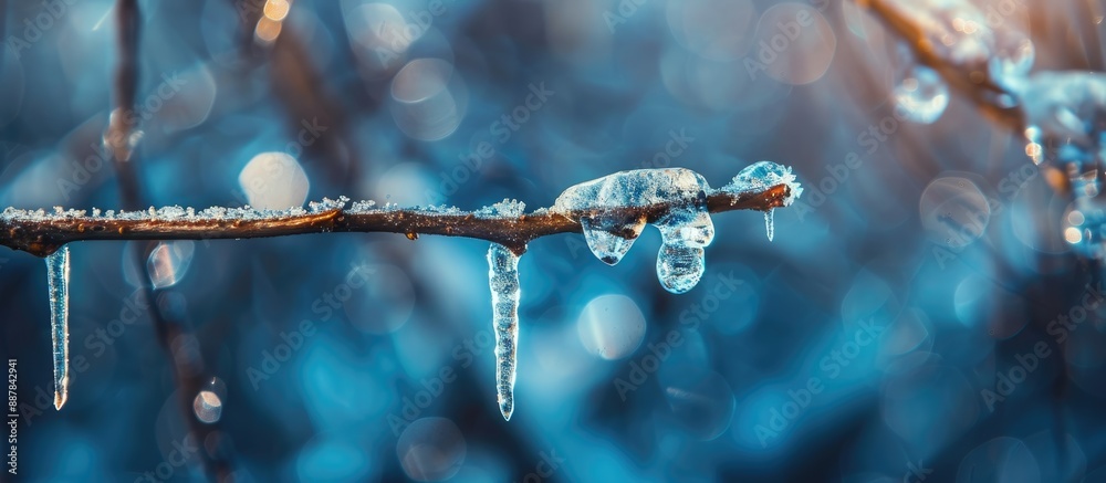 Poster Selective focus on an icicle formed on a frozen branch during an ice storm suitable for a copy space image