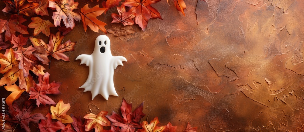 Aufkleber halloween fall border featuring fall leaves bordering a ghost on a brown backdrop with copy space im